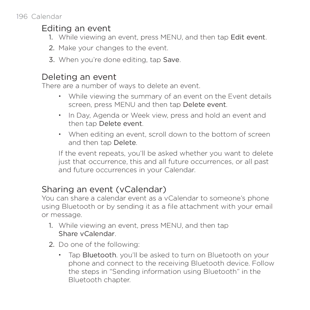 HTC Thunderbolt manual Editing an event, Deleting an event, Sharing an event vCalendar 