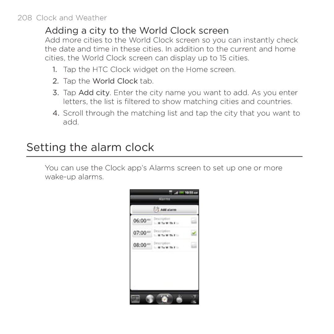 HTC Thunderbolt manual Setting the alarm clock, Adding a city to the World Clock screen 