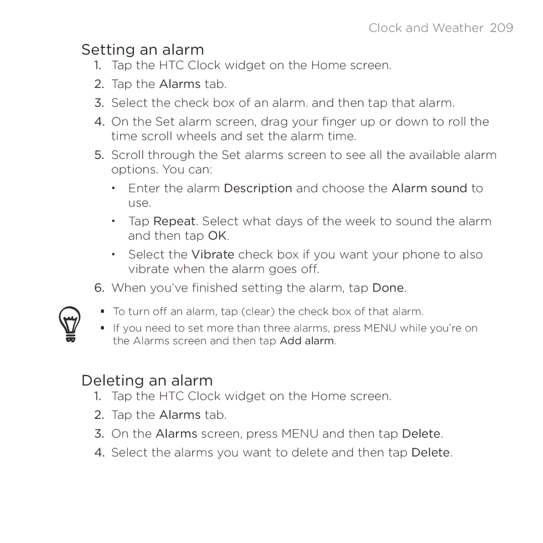HTC Thunderbolt manual Setting an alarm, Deleting an alarm 