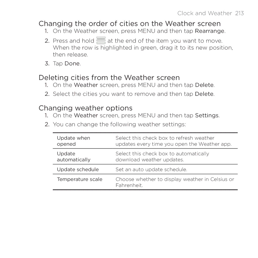 HTC Thunderbolt manual Changing the order of cities on the Weather screen, Deleting cities from the Weather screen 