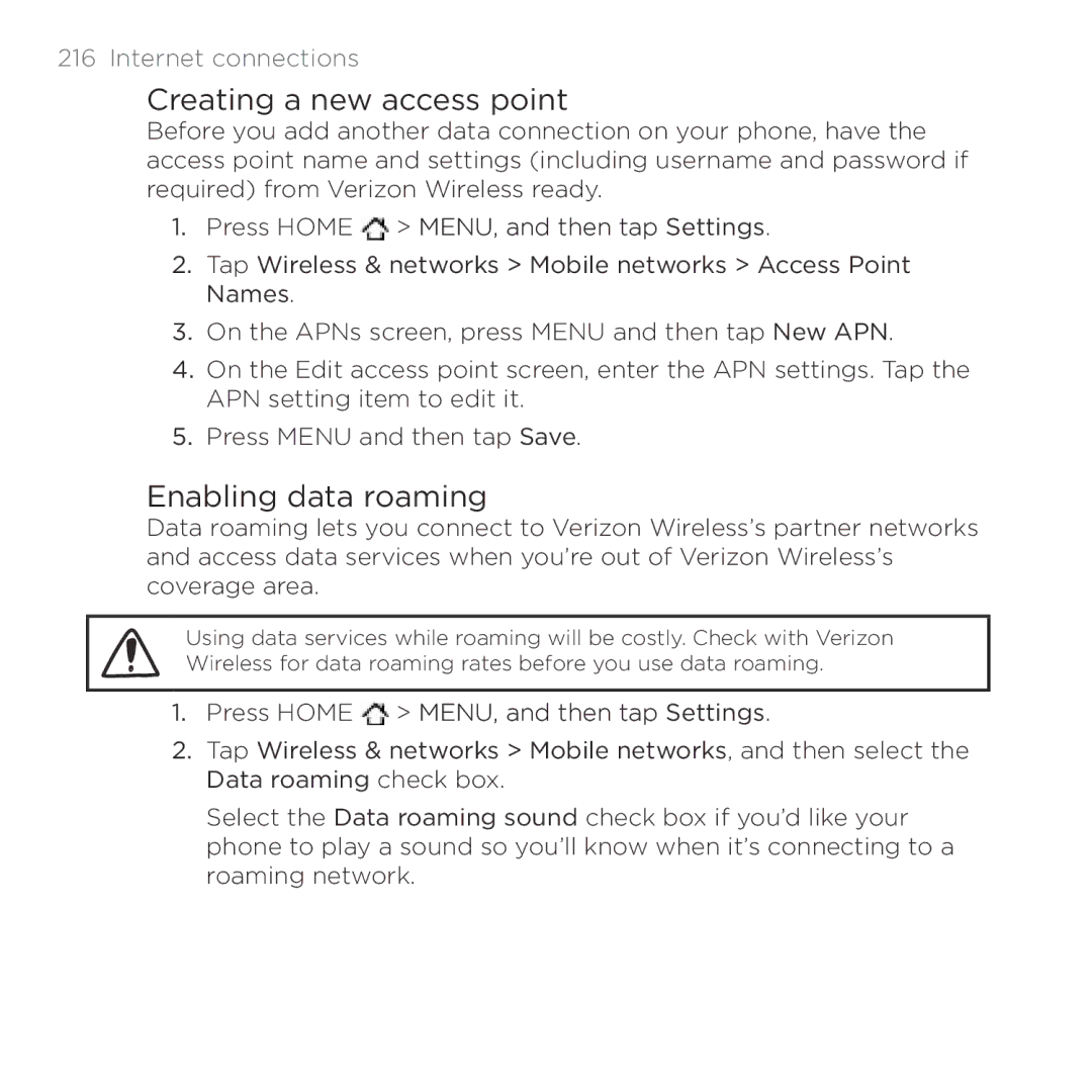 HTC Thunderbolt manual Creating a new access point, Enabling data roaming, Internet connections 