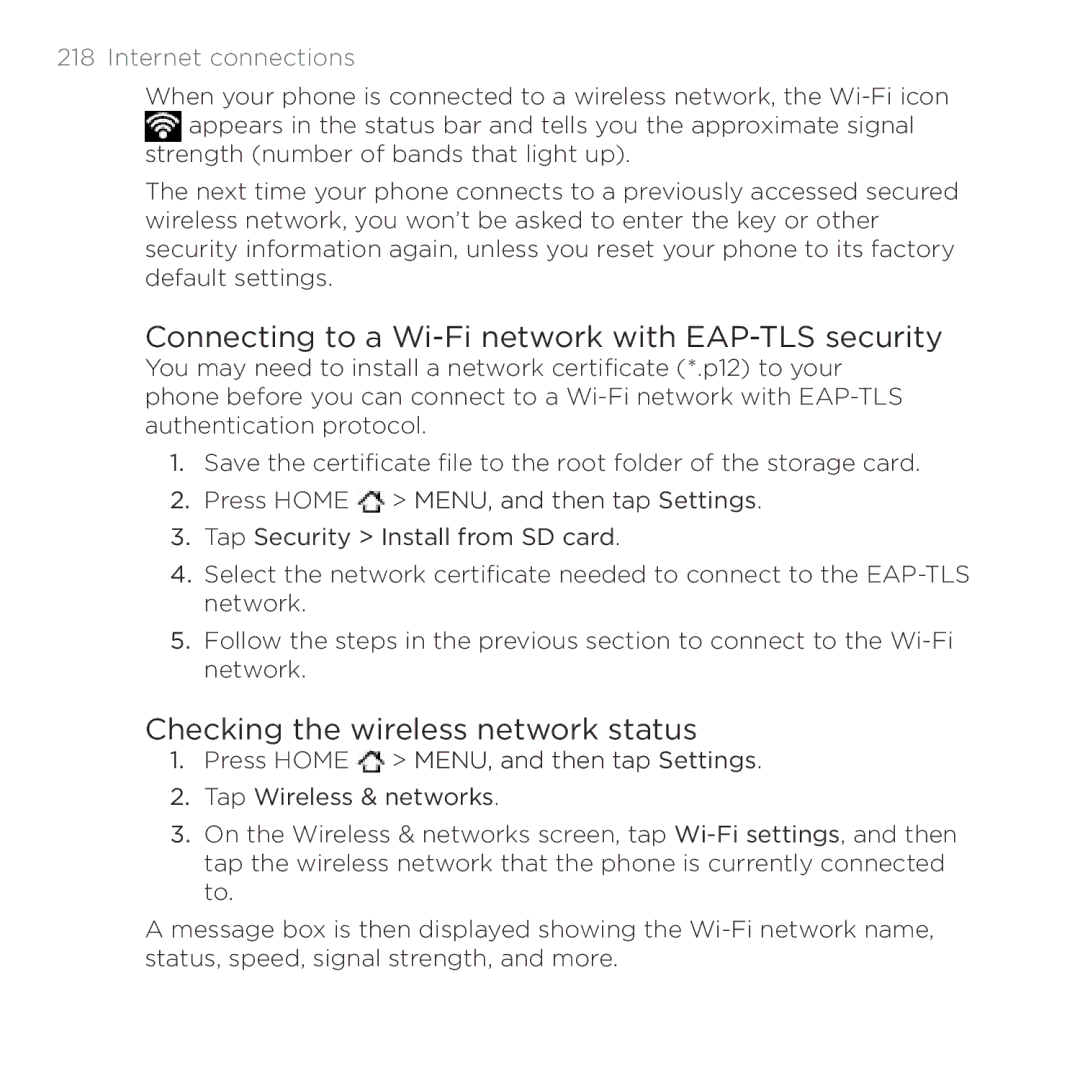 HTC Thunderbolt manual Connecting to a Wi-Fi network with EAP-TLS security, Checking the wireless network status 