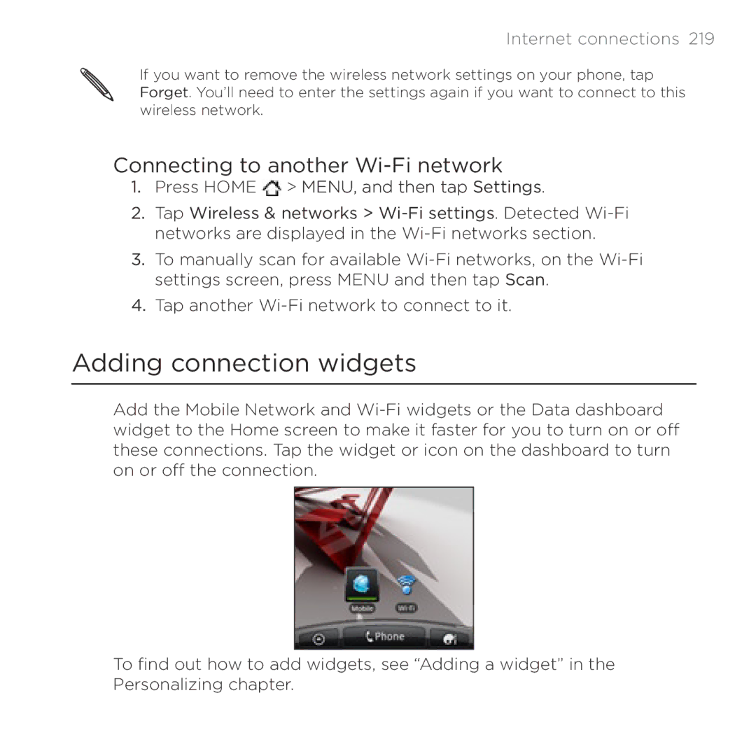 HTC Thunderbolt manual Adding connection widgets, Connecting to another Wi-Fi network 