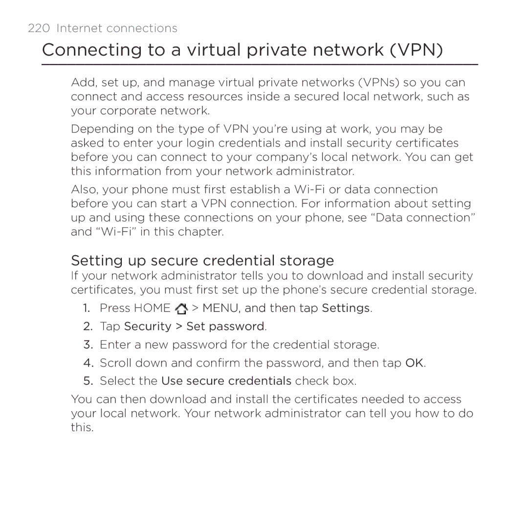 HTC Thunderbolt manual Connecting to a virtual private network VPN, Setting up secure credential storage 