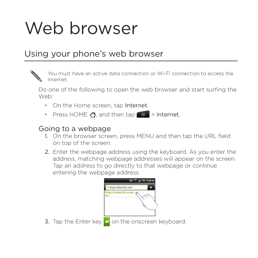 HTC Thunderbolt manual Web browser, Using your phone’s web browser, Going to a webpage 