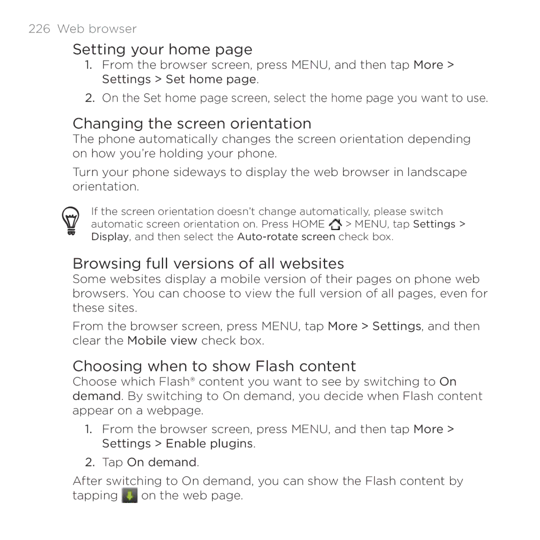 HTC Thunderbolt Setting your home, Changing the screen orientation, Browsing full versions of all websites, Web browser 
