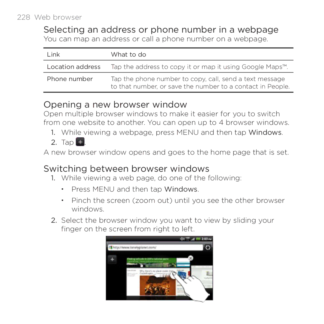 HTC Thunderbolt manual Selecting an address or phone number in a webpage, Opening a new browser window 