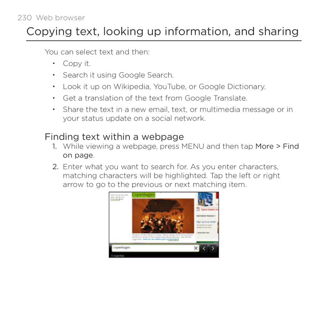 HTC Thunderbolt manual Copying text, looking up information, and sharing, Finding text within a webpage 