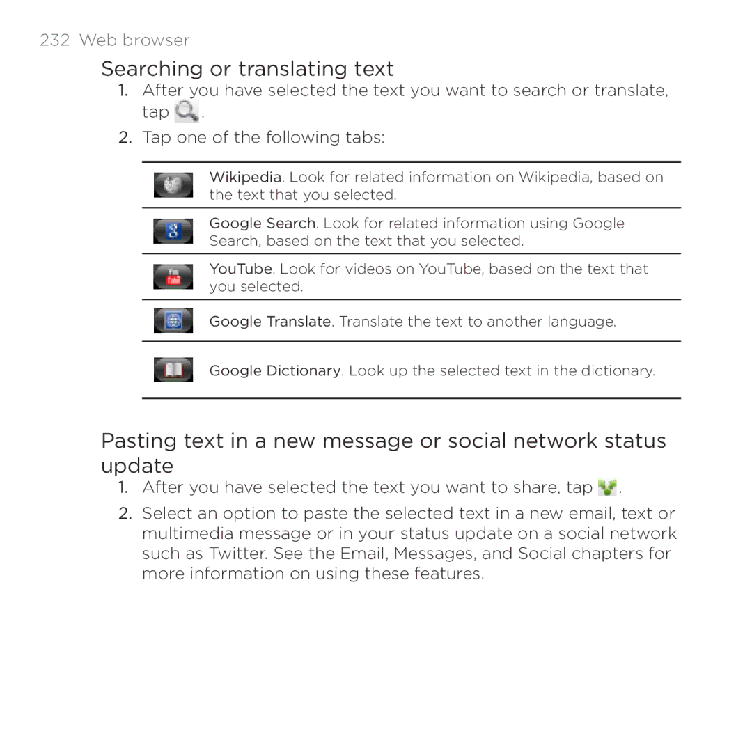 HTC Thunderbolt manual Searching or translating text 