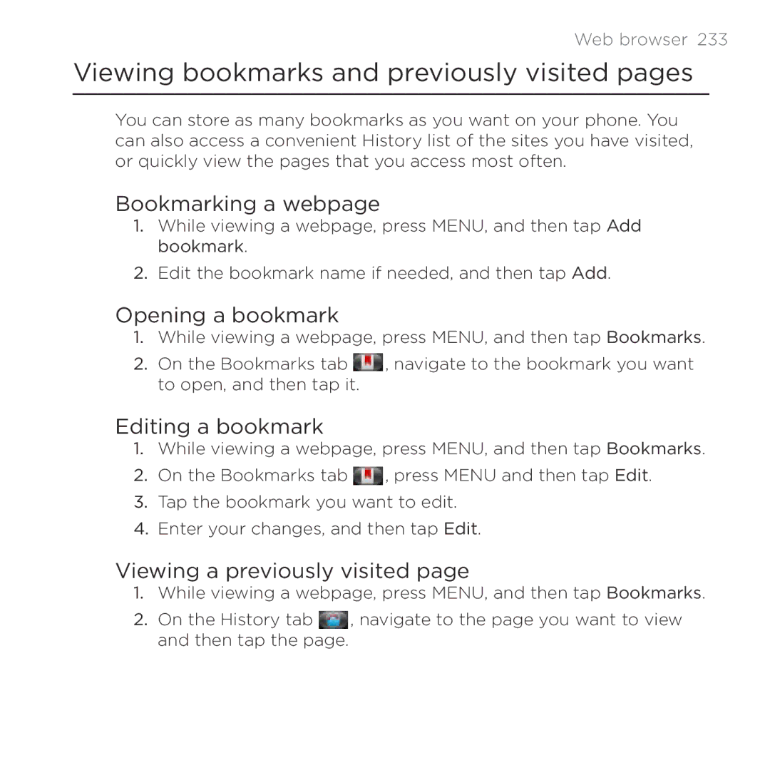 HTC Thunderbolt manual Viewing bookmarks and previously visited pages, Bookmarking a webpage, Opening a bookmark 