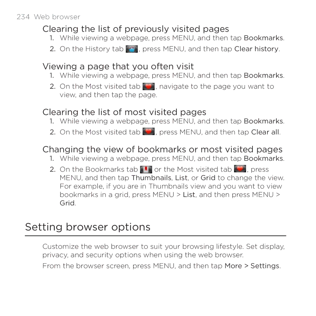 HTC Thunderbolt manual Setting browser options, Clearing the list of previously visited pages 