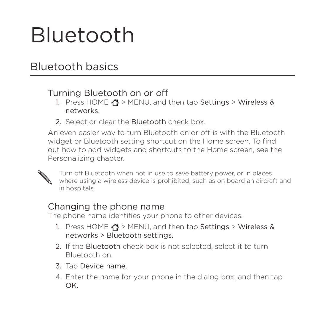 HTC Thunderbolt manual Bluetooth basics, Turning Bluetooth on or off, Changing the phone name 