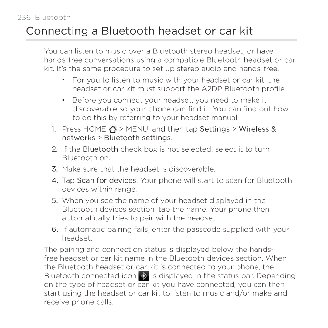 HTC Thunderbolt manual Connecting a Bluetooth headset or car kit 