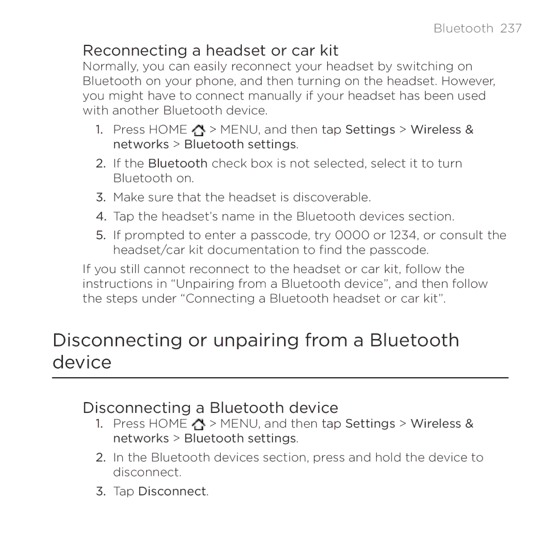 HTC Thunderbolt manual Disconnecting or unpairing from a Bluetooth device, Reconnecting a headset or car kit, Bluetooth  