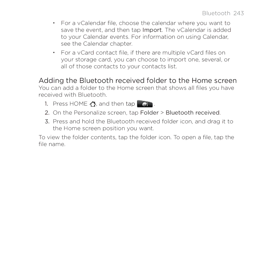 HTC Thunderbolt manual Adding the Bluetooth received folder to the Home screen 