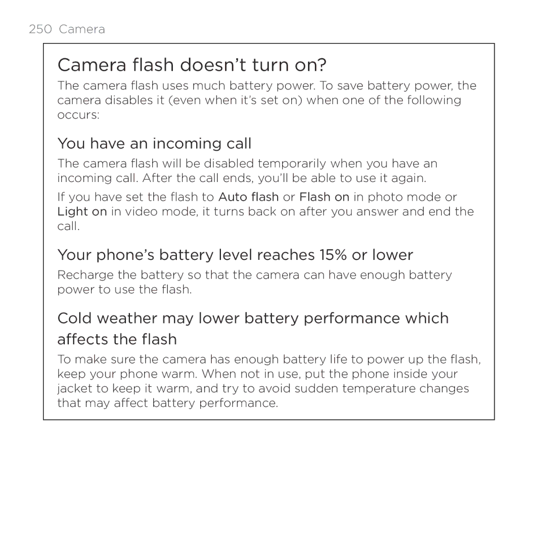 HTC Thunderbolt Camera flash doesn’t turn on?, You have an incoming call, Your phone’s battery level reaches 15% or lower 