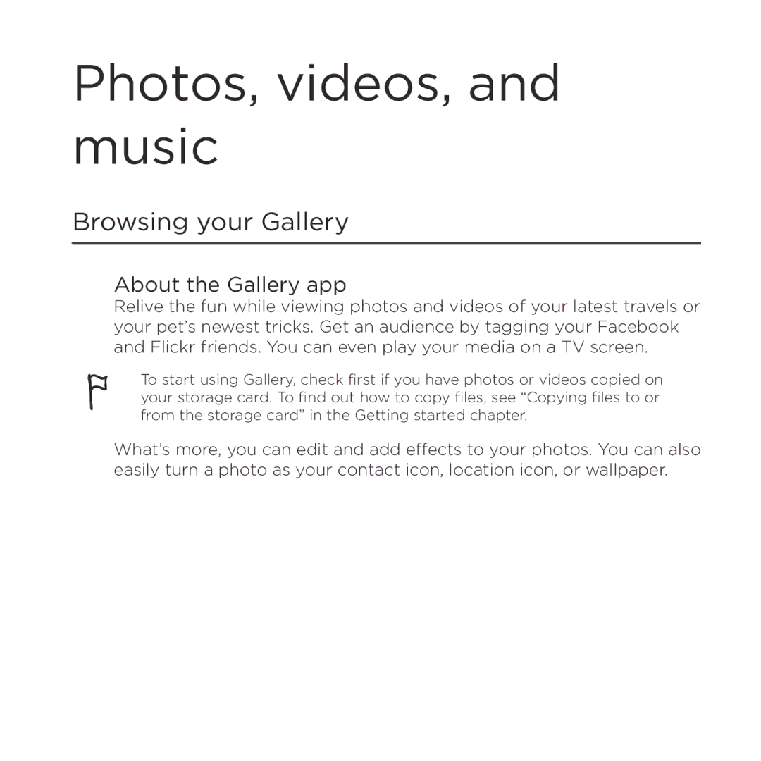 HTC Thunderbolt manual Photos, videos, and music, Browsing your Gallery, About the Gallery app 