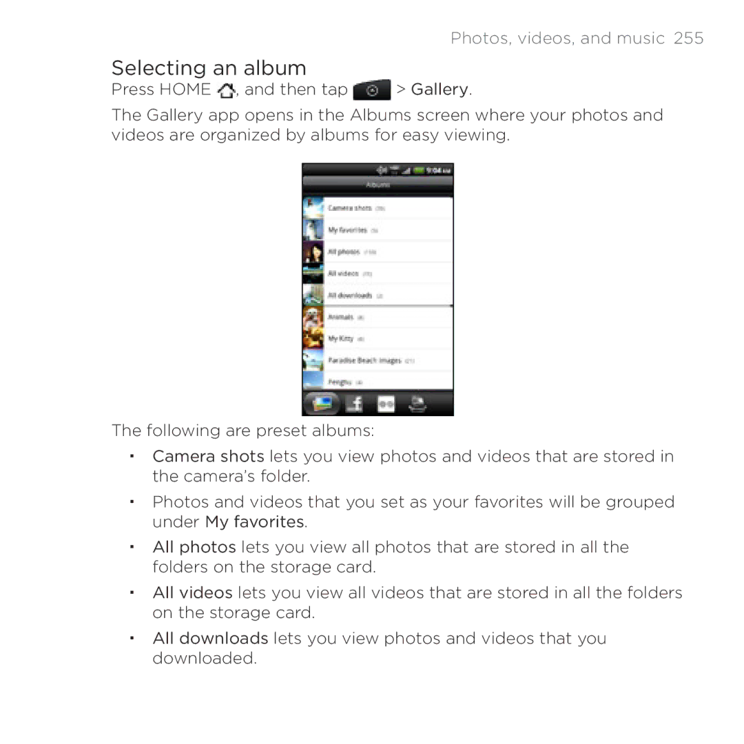 HTC Thunderbolt manual Selecting an album, Photos, videos, and music  