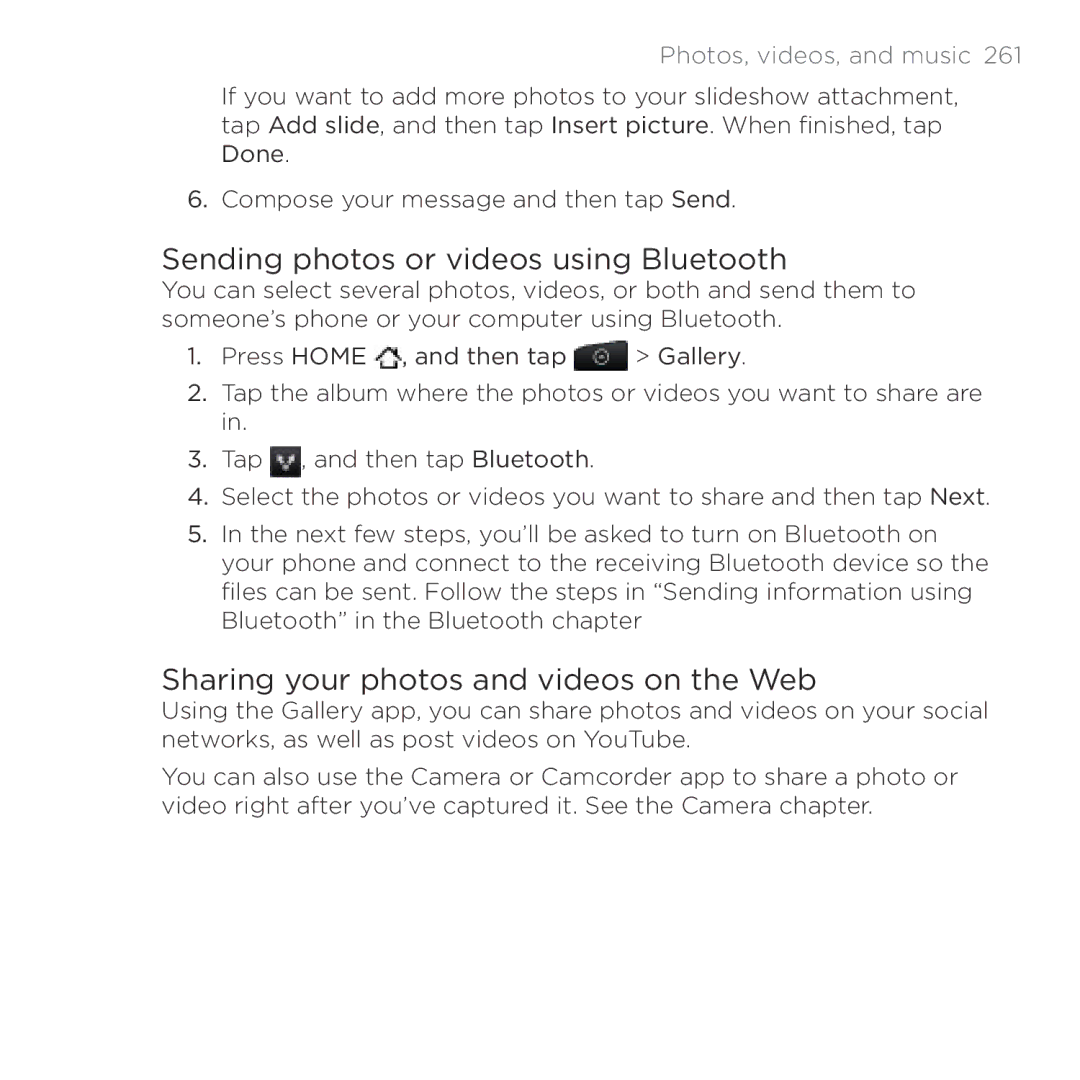 HTC Thunderbolt manual Sending photos or videos using Bluetooth, Sharing your photos and videos on the Web 