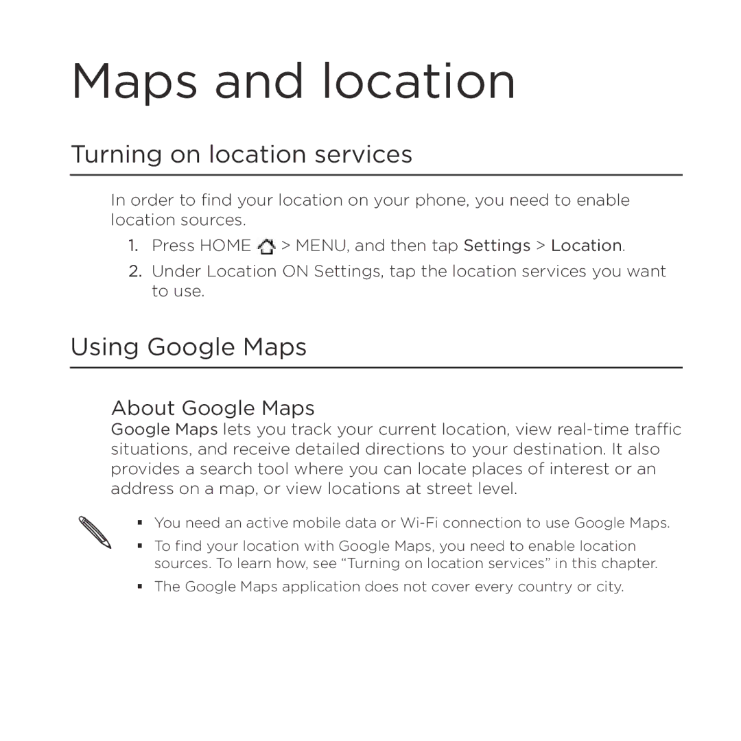 HTC Thunderbolt manual Maps and location, Turning on location services, Using Google Maps, About Google Maps 