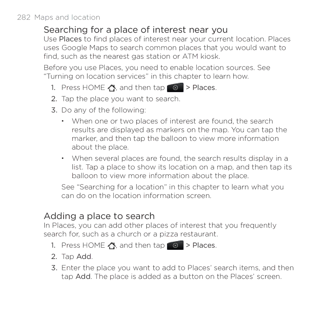 HTC Thunderbolt manual Searching for a place of interest near you, Adding a place to search 