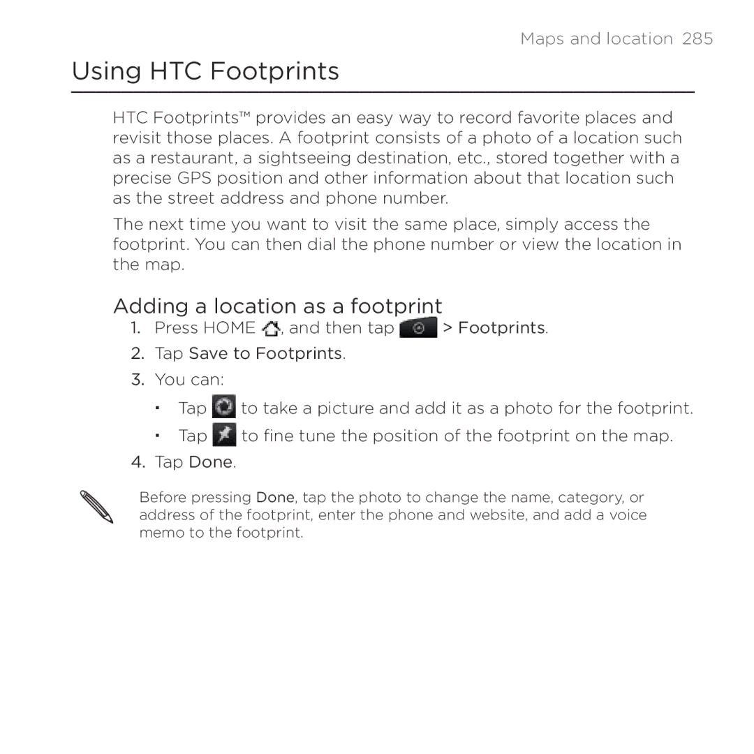 HTC Thunderbolt manual Using HTC Footprints, Adding a location as a footprint 