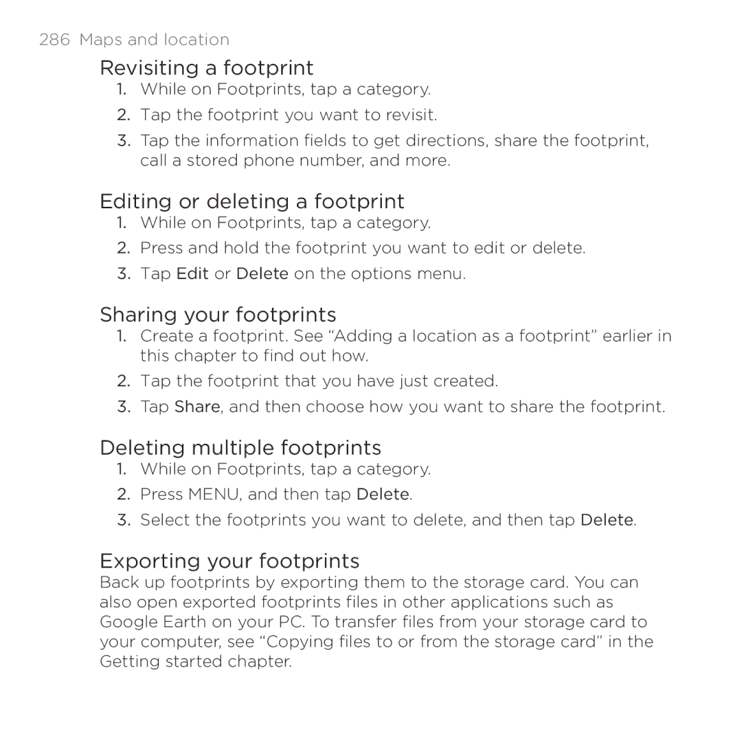 HTC Thunderbolt manual Revisiting a footprint, Editing or deleting a footprint, Sharing your footprints 