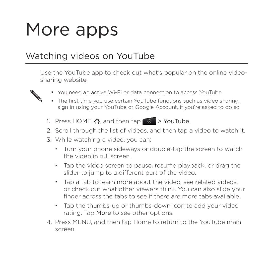 HTC Thunderbolt manual More apps, Watching videos on YouTube 