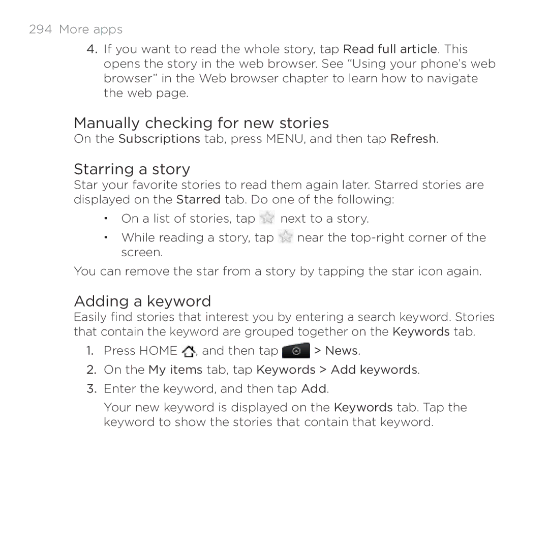 HTC Thunderbolt manual Manually checking for new stories, Starring a story, Adding a keyword 