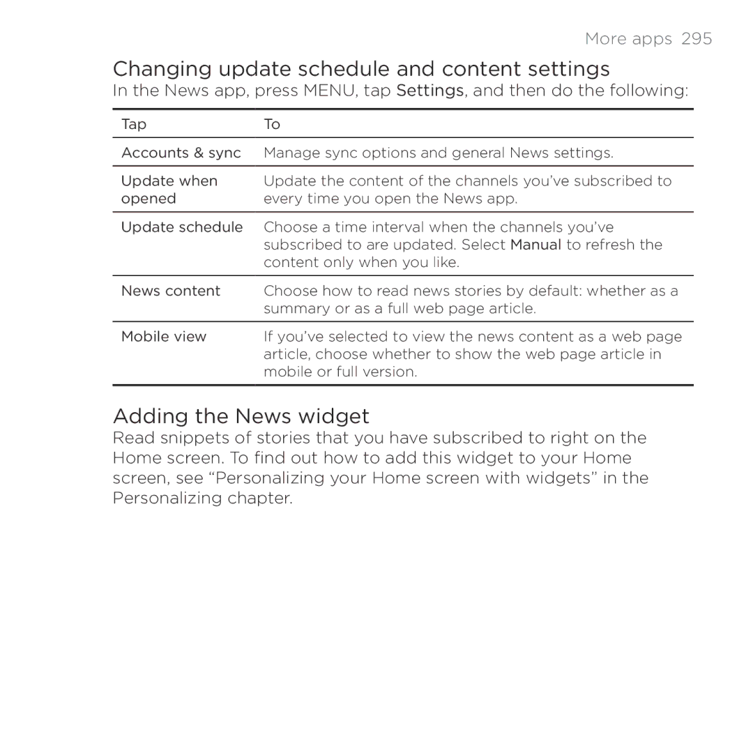 HTC Thunderbolt manual Changing update schedule and content settings, Adding the News widget 