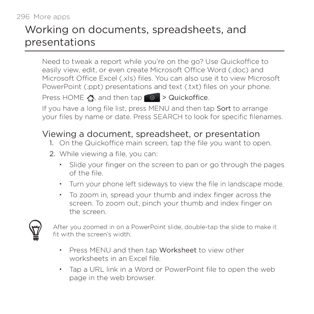 HTC Thunderbolt Working on documents, spreadsheets, and presentations, Viewing a document, spreadsheet, or presentation 