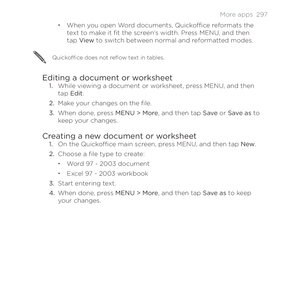 HTC Thunderbolt manual Editing a document or worksheet, Creating a new document or worksheet 