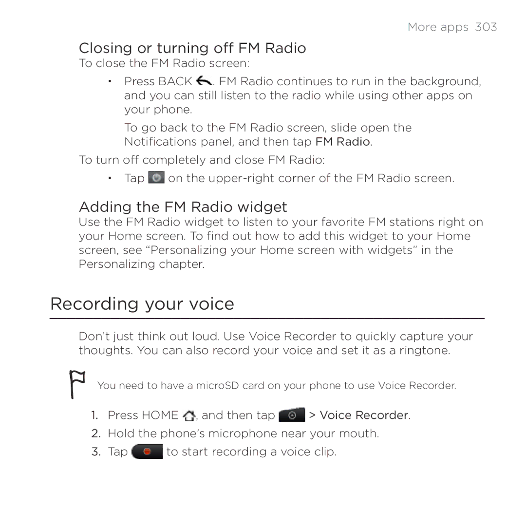 HTC Thunderbolt manual Recording your voice, Closing or turning off FM Radio, Adding the FM Radio widget 