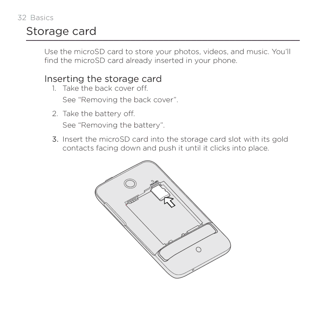 HTC Thunderbolt manual Storage card, Inserting the storage card 