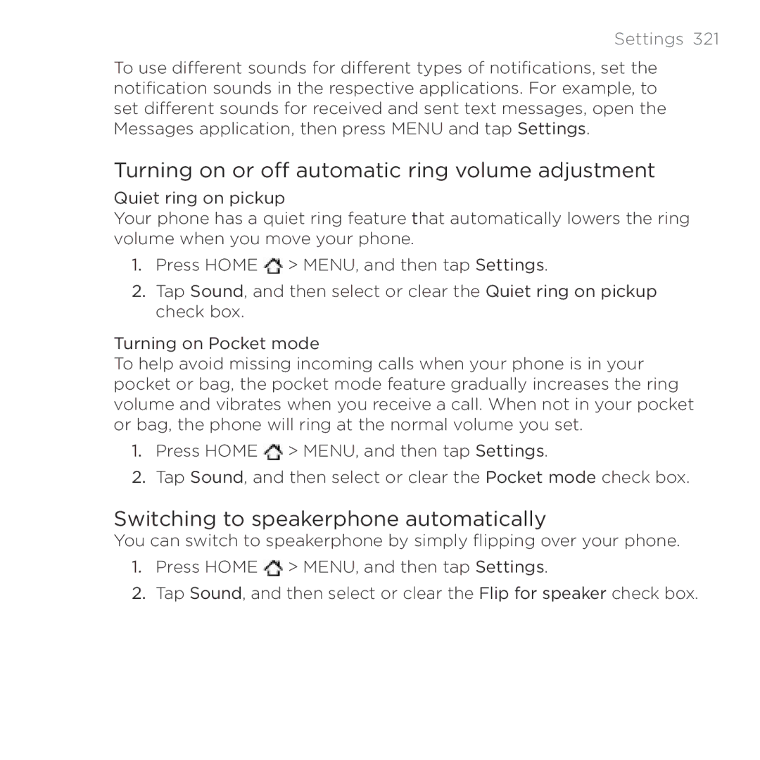 HTC Thunderbolt manual Turning on or off automatic ring volume adjustment, Switching to speakerphone automatically 