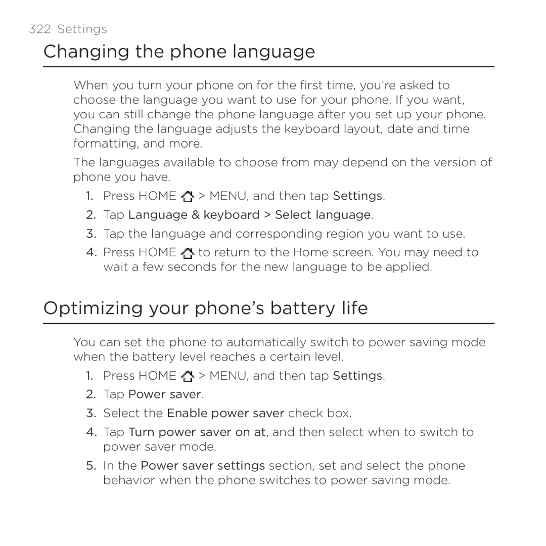 HTC Thunderbolt manual Changing the phone language, Optimizing your phone’s battery life 