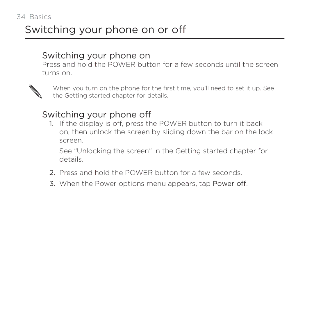 HTC Thunderbolt manual Switching your phone on or off, Switching your phone off 