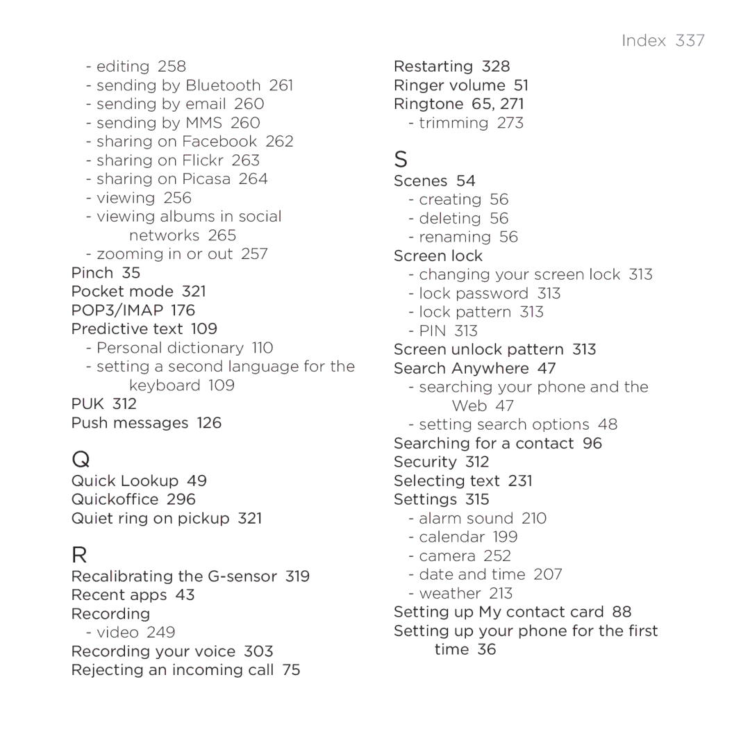 HTC Thunderbolt manual Restarting 328 Ringer volume 51 Ringtone 65, 271 trimming  