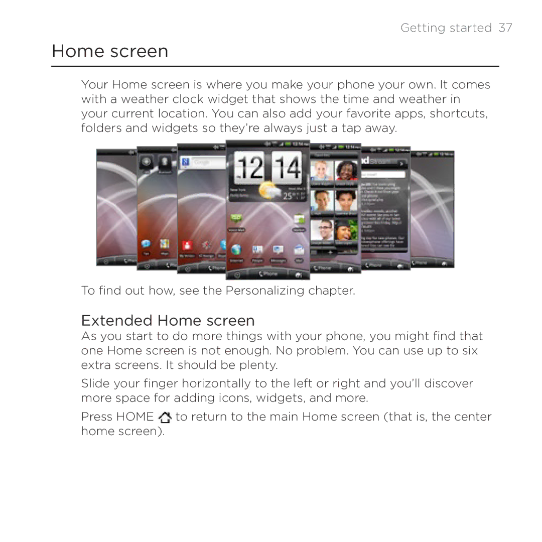 HTC Thunderbolt manual Extended Home screen, Getting started  