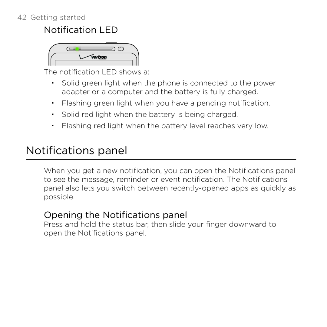 HTC Thunderbolt manual Notification LED, Opening the Notifications panel 