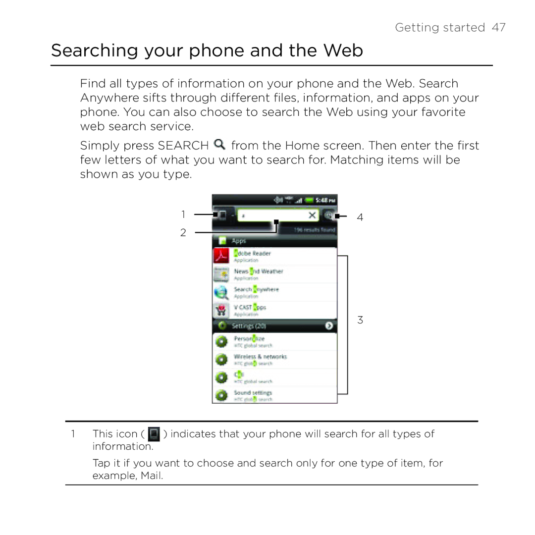 HTC Thunderbolt manual Searching your phone and the Web 