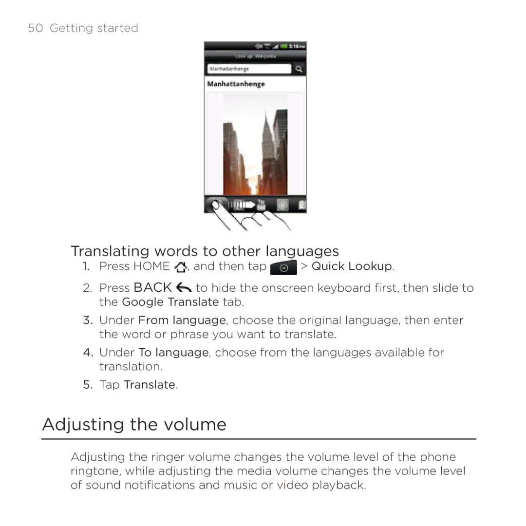 HTC Thunderbolt manual Adjusting the volume, Translating words to other languages 