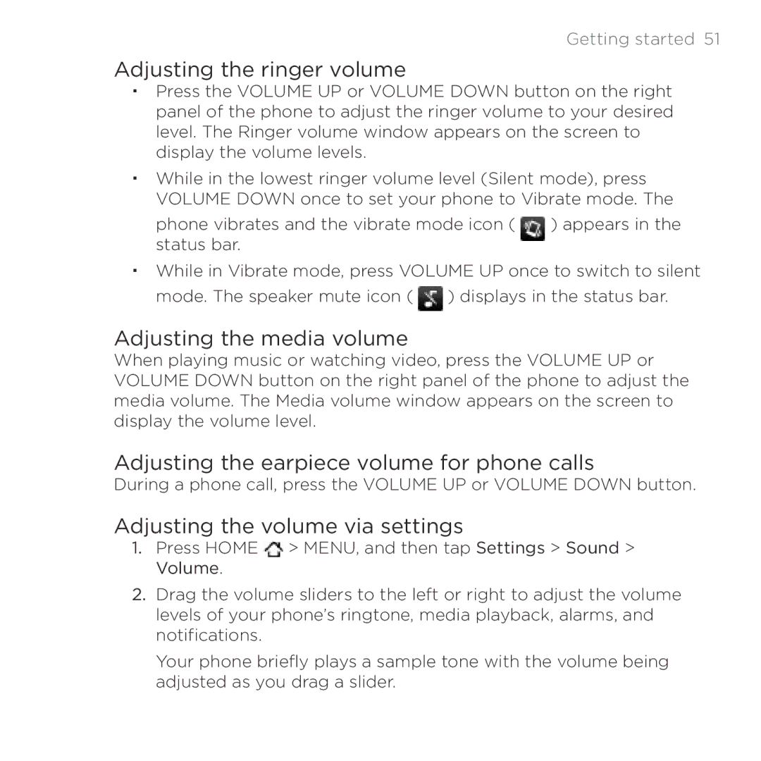 HTC Thunderbolt Adjusting the ringer volume, Adjusting the media volume, Adjusting the earpiece volume for phone calls 