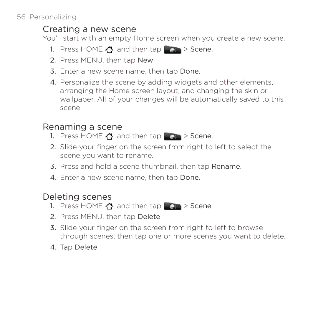 HTC Thunderbolt manual Creating a new scene, Renaming a scene, Deleting scenes, Personalizing 
