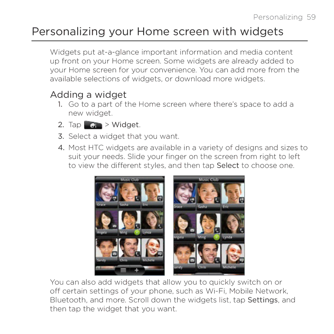 HTC Thunderbolt manual Personalizing your Home screen with widgets, Adding a widget 