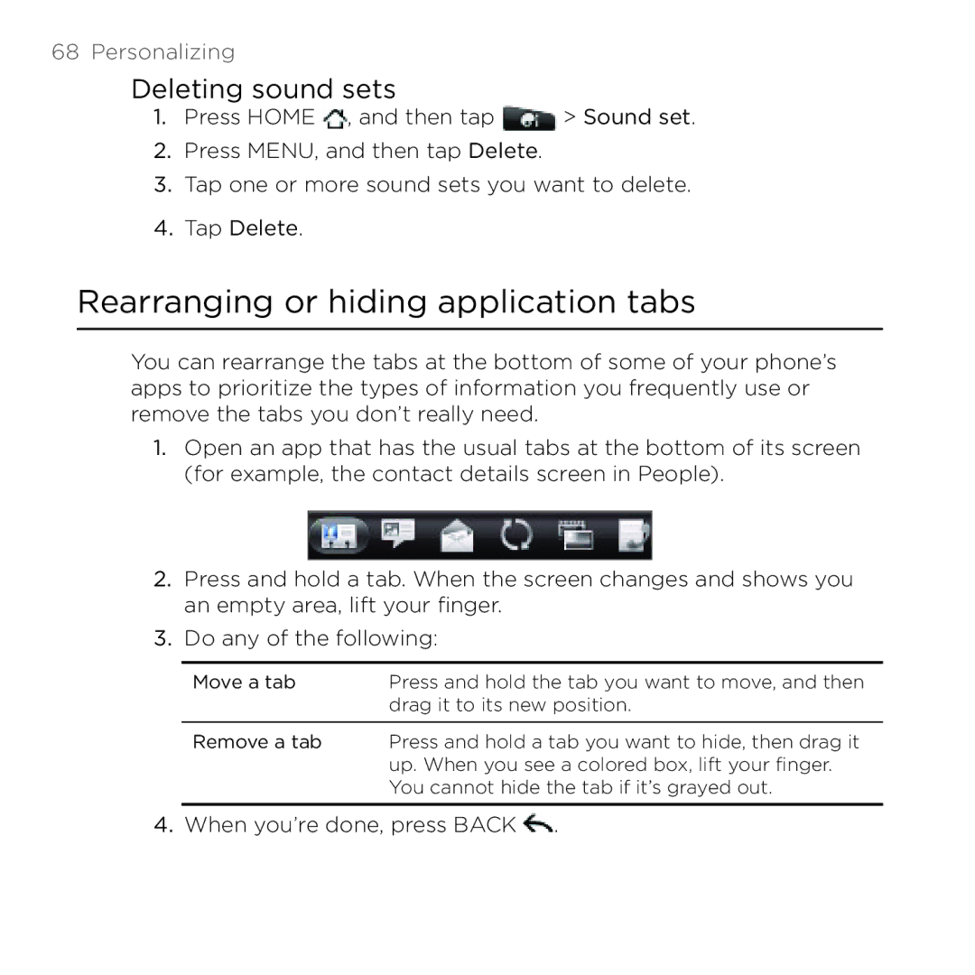 HTC Thunderbolt manual Rearranging or hiding application tabs, Deleting sound sets 