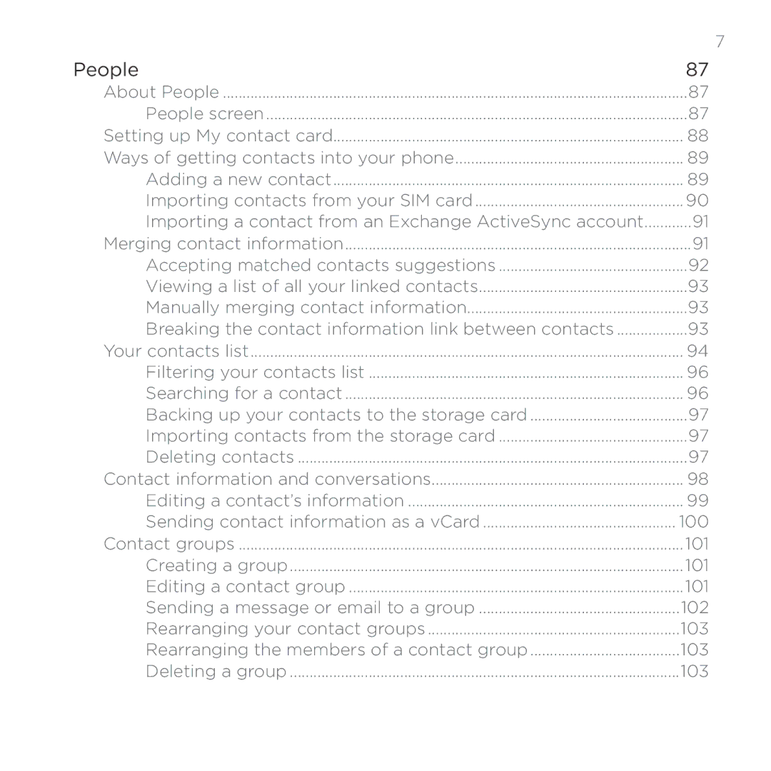 HTC Thunderbolt manual Importing a contact from an Exchange ActiveSync account, 100, 101, 102, 103 