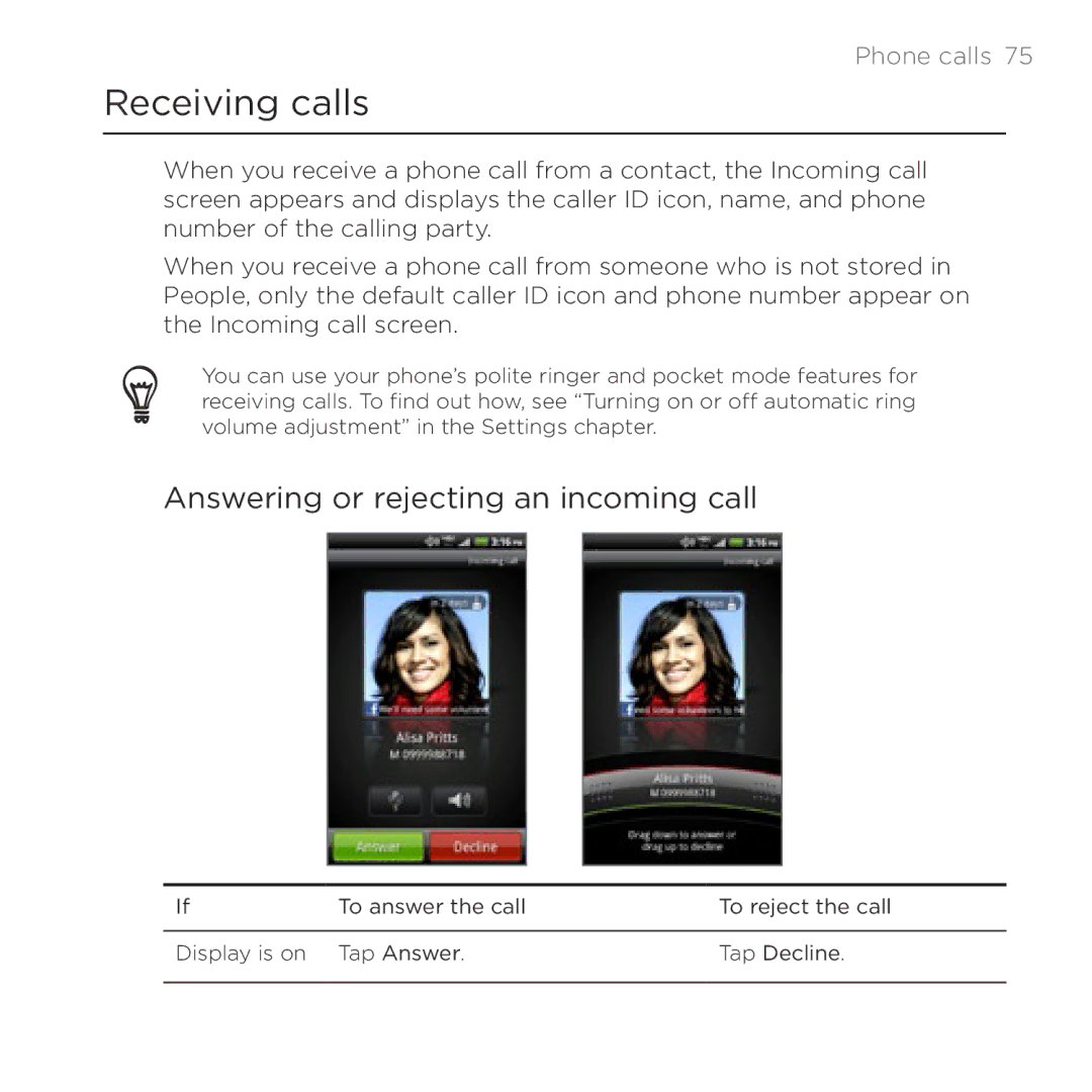 HTC Thunderbolt manual Receiving calls, Answering or rejecting an incoming call 