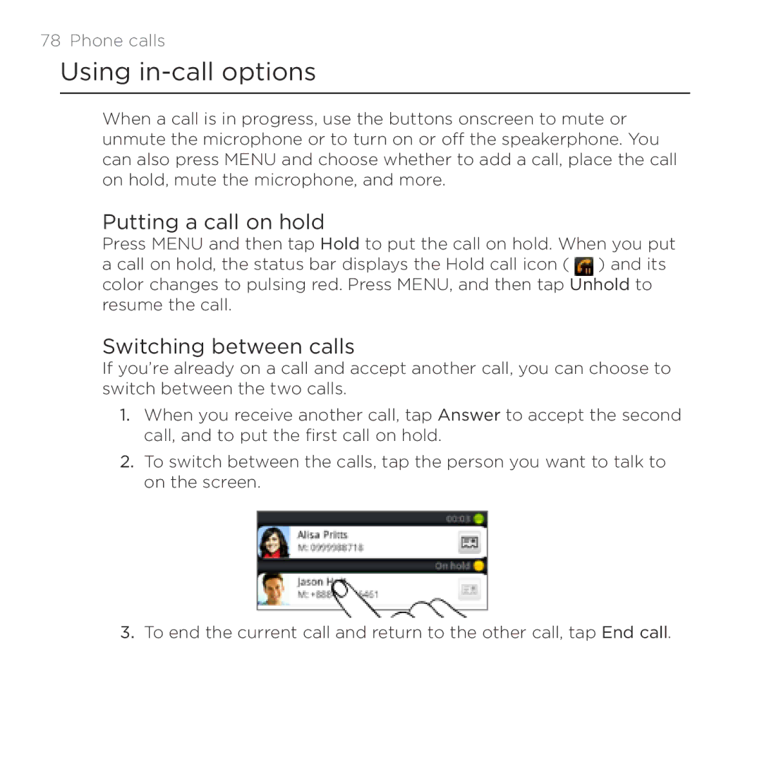 HTC Thunderbolt manual Using in-call options, Putting a call on hold, Switching between calls 