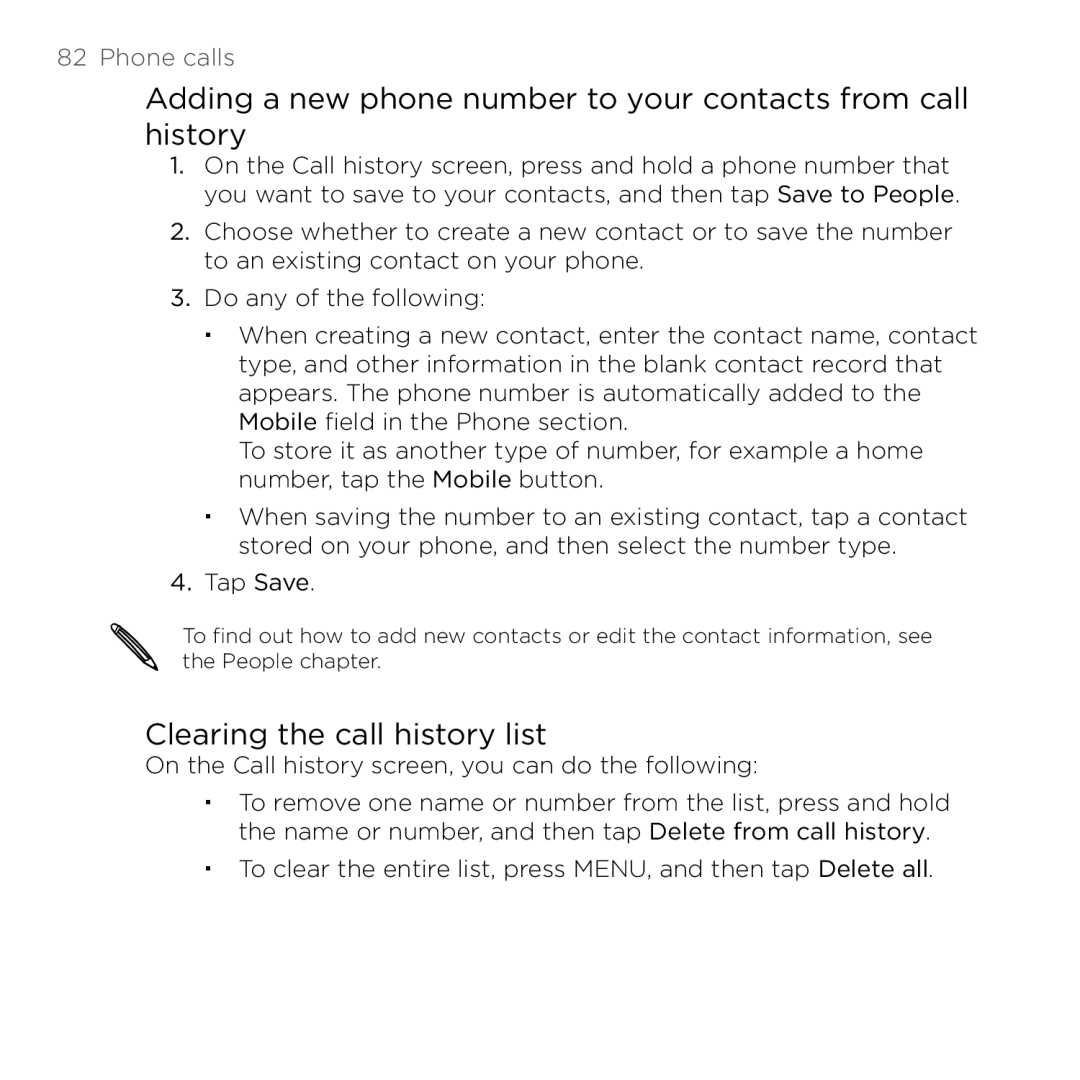 HTC Thunderbolt manual Adding a new phone number to your contacts from call history, Clearing the call history list 